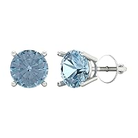 2.9ct Round Cut Solitaire Natural Sky Blue Aquamarine Unisex pair of Stud Earrings 14k White Gold Screw Back conflict free