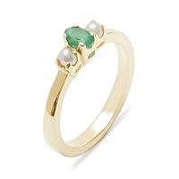 10k Yellow Gold Natural Emerald & Cultured Pearl Womens Trilogy Ring - Sizes 4 to 12 Available