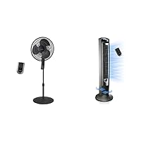 Lasko S16612 Oscillating 16″ Adjustable Pedestal Stand Fan with Timer, Thermostat and Remote for Indoor, Bedroom, Living Room, 16 Inch, Black 16612 & Household Tower Fan, 42