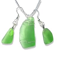 Genuine Green Sea Glass Wire Wrapped Sterling Silver Necklace and Earrings Set