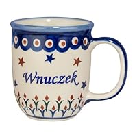 Polart Polish Boleslawiec Pottery 12oz Mug - word WNUCZEK on one sideand word GRANDSON on the other