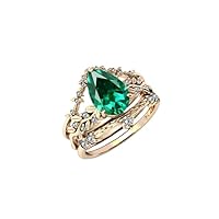 Vine Leaf Design Emerald Engagement Ring Set Pear Shaped 2.5 CT Emerald Antique Wedding Ring Set For Women Art Deco Emerald Bridal Rings Set