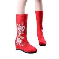 Autumn Women's Fabric Mid-Calf Boots Chinese Embroidery Woman Hidden Wedge Heel Comfort Fall Shoes Ladies Boots
