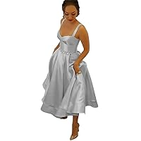 Tsbridal Women Short Bridesmaid Dresses Vintage Satin Sleeveless A-Line Wedding Party Formal Gown Pocket Beads