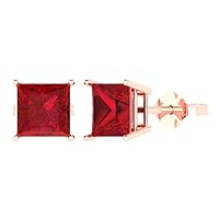 3.0 ct Princess Cut Solitaire Simulated Ruby Pair of Stud Everyday Earrings Solid 18K Pink Rose Gold Butterfly Push Back