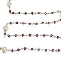 Amethyst & Freshwater Pearl Stone Faceted & Pearl Smooth Rondelle Gemstone Beaded Rosary Chain by Foot For Jewelry Making - 24K Gold Plated Over Silver Handmade - Wire Wrapped Bead Chain Necklaces