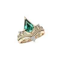 Vintage Kite Shaped 1 CT Emerald Engagement Ring Set Filigree 14k Gold Green Gemstone Wedding Ring Set Antique Leaf Bridal Ring Set Art Deco Anniversary/Promise Ring Perfact For Gift