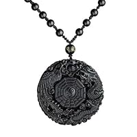 Natural obsidian dragon phenix YingYang Amulet pendant bead necklace with bead for women or men
