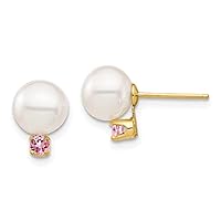 14k Gold 7 7.5mm White Round Freshwater Cultured Pearl Pink Topaz Post Earrings Measures 9.8mm long Jewelry for Women