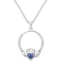 Created Heart Cut Blue Sapphire 925 Sterling Silver 14K Gold Finish Diamond Claddagh Heart Pendant Necklace for Women's & Girl's