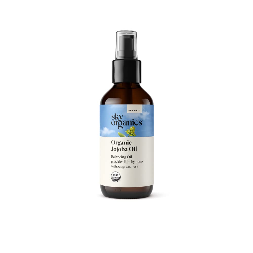 Organic Jojoba Oil by Sky Organics (4 fl oz) USDA Organic 100% Pure and Cold-pressed Unrefined Jojoba Oil for Oily and Dry Skin Hair and Nails Balancing Face Oil Non-Greasy Moisturizer
