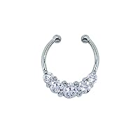 925 Sterling Silver Fake Septum Clicker Clip On Non Piercing Nose Ring 5 CZ Stone Hoop