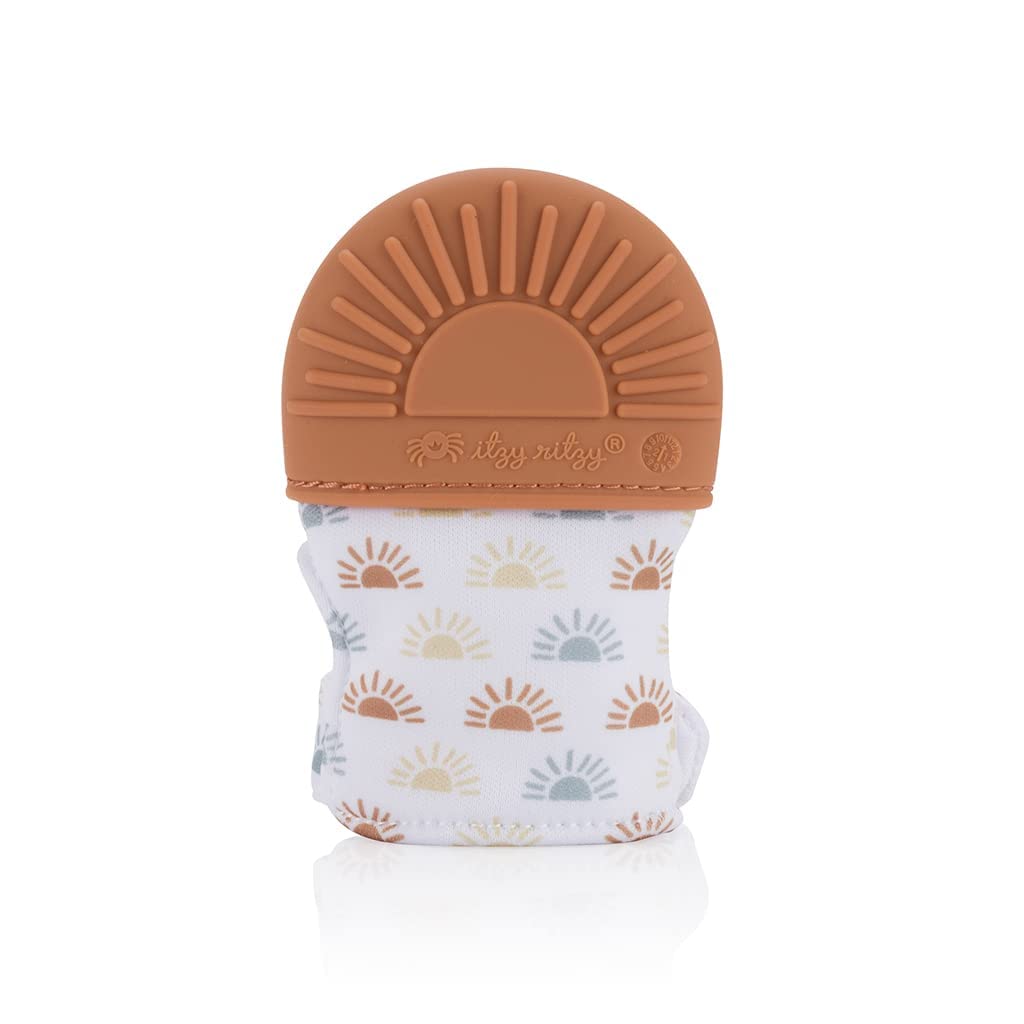 Itzy Ritzy Silicone Teething Mitt – Soothing Infant Teething Mitten with Adjustable Strap, Crinkle Sound and Textured Silicone to Soothe Sore and Swollen Gums, Terracotta Sun