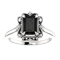 Vintage Inspired 1 CT Emerald Black Onyx Engagement Ring 10K White Gold, Victorian Emerald Black Diamond Ring, Black Antique Ring, Filigree Ring, Diamond Wedding Ring