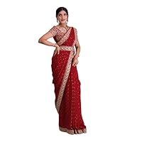 Womens Zari Embroidered Sequin Work Designer Saree With Belt Occasion For Wedding Party Anniversary