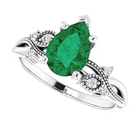 Twig Leafy 2 CT Pear Shape Emerald Ring 10k Gold, Nature Inspired Wedding Ring Tear Drop Green Emerald Bridal Ring, Branch Emerald Engagement Ring, May Birthstone, Anniversary Ring
