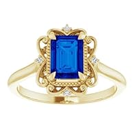 2 CT Blue Sapphire Engagement Ring with Emerald Accents, 18k Yellow Gold Vintage Style Halo Setting