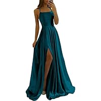 Satin Prom Dresses with Slit Long Spaghetti Straps Formal Evening Party Gown with Pockets