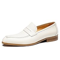 Men White Penny Loafers Slip on Pointed Toe Block Heel Premium Genuine Leather
