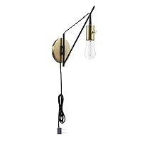 Globe Electric 51343 1-Light Plug-in or Hardwire Wall Sconce, Bronze Finish, Brass Accents, 6ft Black Woven Fabric Cord, Flat Plug, Socket Rotary On/Off Switch, Bulb Not Included