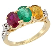 10K Yellow Gold Enhanced Ruby, Natural Emerald & Whisky Quartz Ring 3-Stone Oval 7x5 mm Diamond Accent, sizes 5 - 10