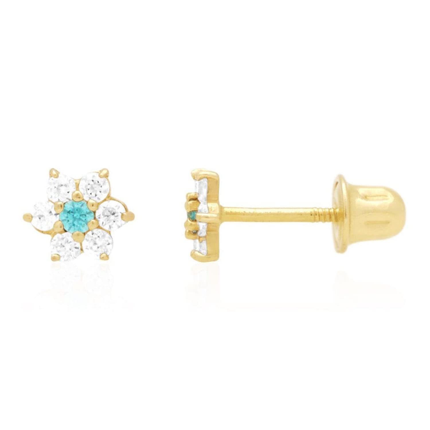 14k Gold Simulated Diamond Blue Topaz Flower Cluster Screwback Stud Earrings