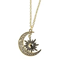 Vintage Bronze Crescent Moon and Sun Pendant Necklace Retro Swirl Filigree Unisex Jewelry Gifts