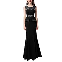 Women's Scoop Neck Satin Mermaid Evening Dress Beaded Sleeveless Prom Dress Ball Gown