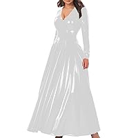 Elegant A-Line Cocktail Party Dress Women V-Neck Long Sleeve Shiny PVC Leather Maxi Dress