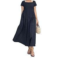 Womens Linen Square Neck Beach Dress Flowy Summer Casual Loose Empire Wasit Long Sundress with Pockets