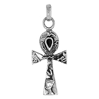 Sterling Silver Jet Stone Ankh Pendant for Women and Men Hieroglyph characters Teardrop Inlaid Oxidized finish 15/16 inch Tall