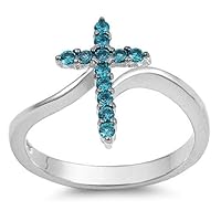 (Blue Topaz) Sterling Silver 925 Pretty Cross Charm Design CZ Stone Rings 15MM Sizes 3-13 (7)