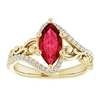10K Sculptural Marquise Ruby Ring 2.5 CT Rose Gold, Scroll Red Ruby Ring, Art Deco Ruby Diamond Ring, Vintage Ring, July Birthstone Ring