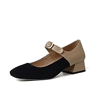 TinaCus Women's Square Toe Suede Leather Handmade Buckle Low Chunky Heel Mary Jane Pumps Shoes