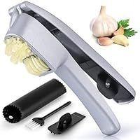 Premium Garlic Press, 2 in 1 Garlic Mince and Garlic Slice with Garlic Cleaner Brush and Silicone Tube Peeler Set. Easy Squeeze, Rust Proof, Dishwasher Safe, Easy Clean.