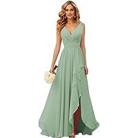 Chiffon Bridesmaid Dresses for Wedding with Slit V Neck Evening Gown Long Formal Dresses Ruffles