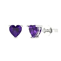 1.0 ct Heart Cut Solitaire Fine Real Amethyst Pair of Stud Everyday Earrings Solid 18K White Gold Butterfly Push Back