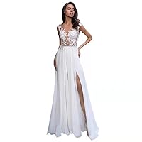 A-Line Long Lace Wedding Dresses with Slit Chiffon Button Back Bridal Gown for Women