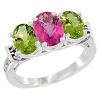 10K White Gold Natural Pink Topaz & Peridot Sides Ring 3-Stone Oval Diamond Accent, Sizes 5-10