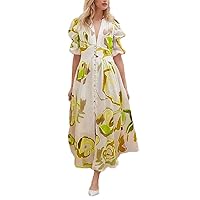 Autumn Temperament Women's Beach Dress Slim Fit V-Neck Large Swing Four Sides Spring Print Long Dresses XS Golden