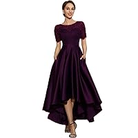 Women's Short Sleeves Evening Dresses Lace Embroidery with Pockets Prom Dresses Dark Purple