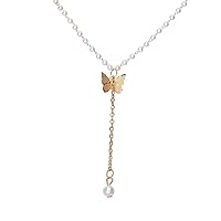 Pearl & Goldtone Butterfly Drop Necklace