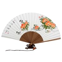 Hand Painted Folding Orange Flower and Bird Painting White Paper Bamboo Asian Oriental Wall Deco Korean Handheld Decorative Fan
