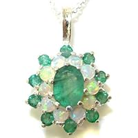 Ladies Solid 925 Sterling Silver Ornate Large Natural Emerald & Opal Large Cluster Pendant Necklace