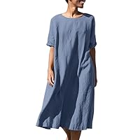 Womens Cotton Linen Round Neck Midi Dress Loose Solid Roll Up Short Sleeve Flowy Pleated A-Line Waistband Sundress