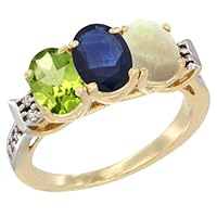 14K Yellow Gold Natural Peridot, Blue Sapphire & Opal Ring 3-Stone Oval 7x5 mm Diamond Accent, sizes 5 - 10