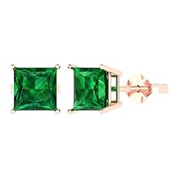 3.0 ct Princess Cut Solitaire Simulated Emerald Pair of Stud Everyday Earrings Solid 18K Pink Rose Gold Butterfly Push Back