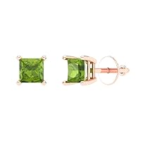 0.9ct Princess Cut Solitaire Natural Light Green Peridot Unisex pair of Stud Earrings 14k Rose Gold Screw Back conflict free