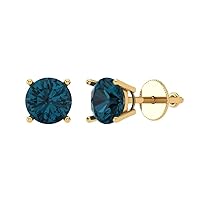 1.0 ct Round Cut Conflict Free Solitaire Natural London Blue Topaz Designer Stud Earrings Solid 14k Yellow Gold Screw Back