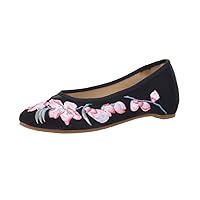 Floral Embroidered Low Heel Women Loafers Pointed Toe Ethnic Pumps for Ladies Chinese Style Shoes Vintage Wedges Black 4.5